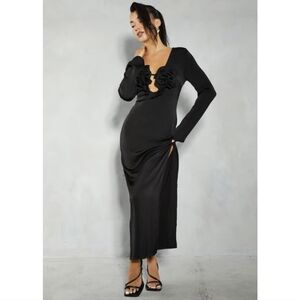 MISSPAP Satin Crinkle Sheer Floral Applique Plunge Maxi Dress- 6